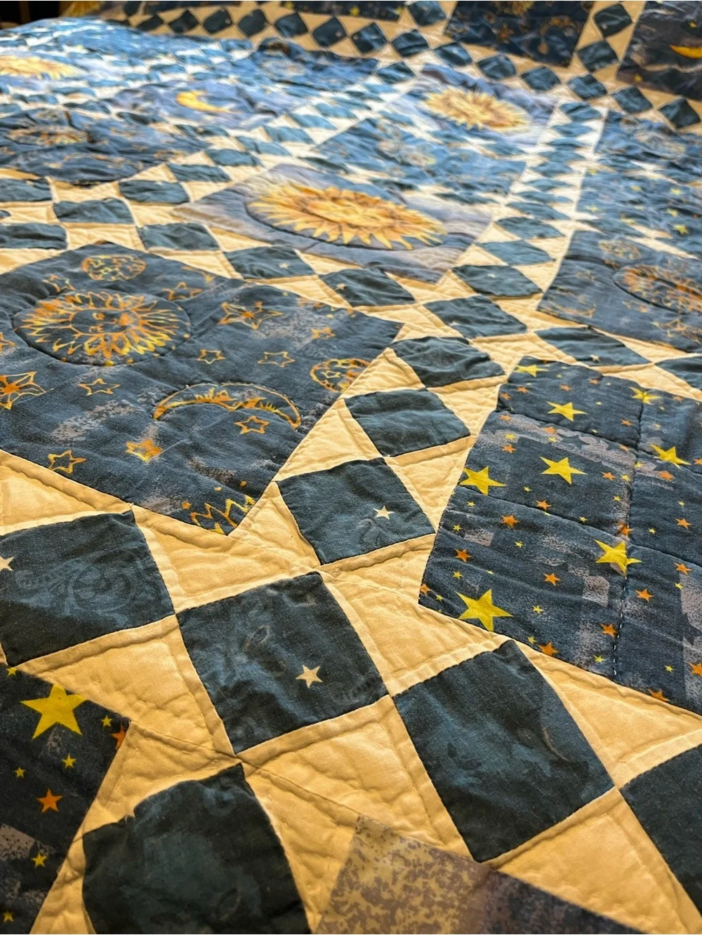 Celestial Sun & Moon Blue Patchwork Quilt Queen Size 86x94 handmade no tag/maker